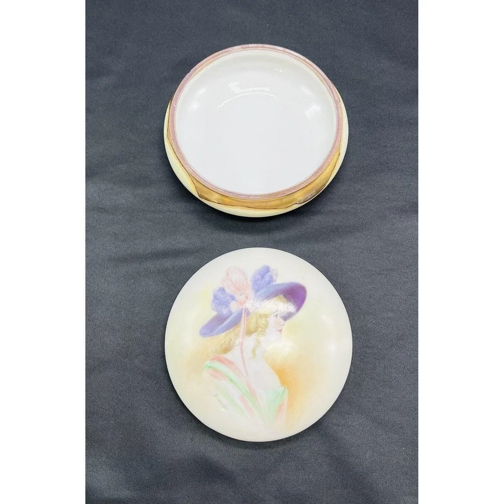 Antique Limoges Hand Painted Victorian Lady Powder Trinket Box 4.5